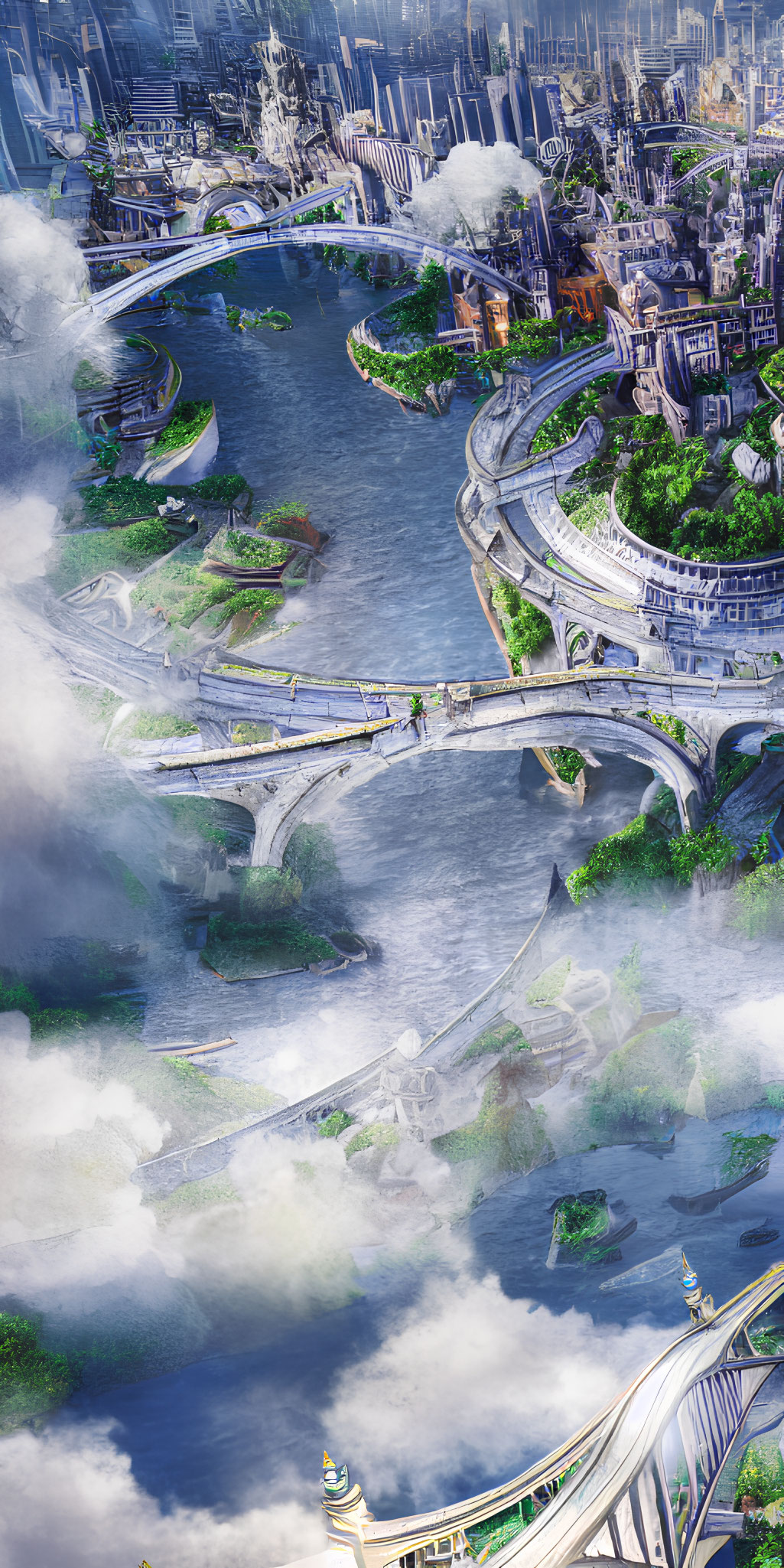 Futuristic cityscape with elevated roads, greenery, towering structures, and river under cloudy sky