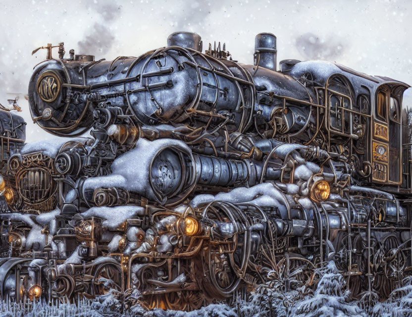 Detailed Steampunk-Style Locomotive with Snow and Brass Fittings