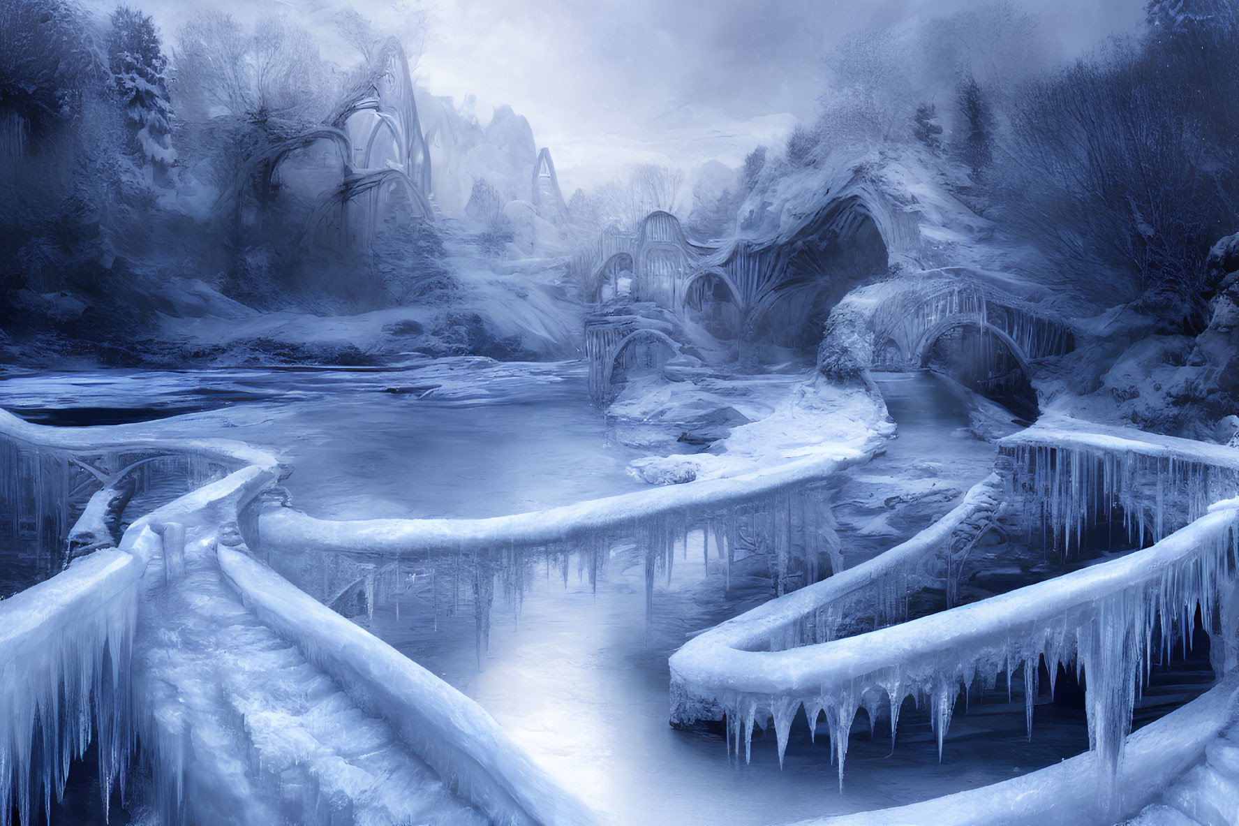 Surreal wintry landscape with icy rivers, frost-covered trees, stone bridges, snowy cliffs