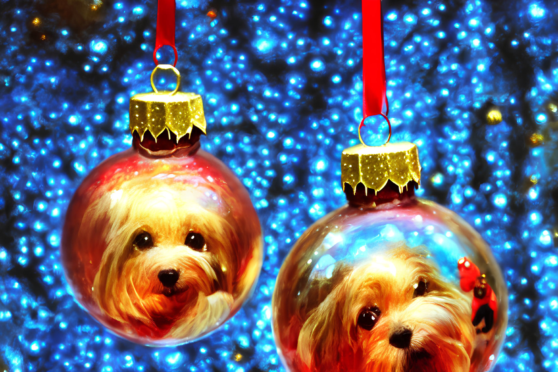 Christmas ornaments featuring dog images on glittery blue background