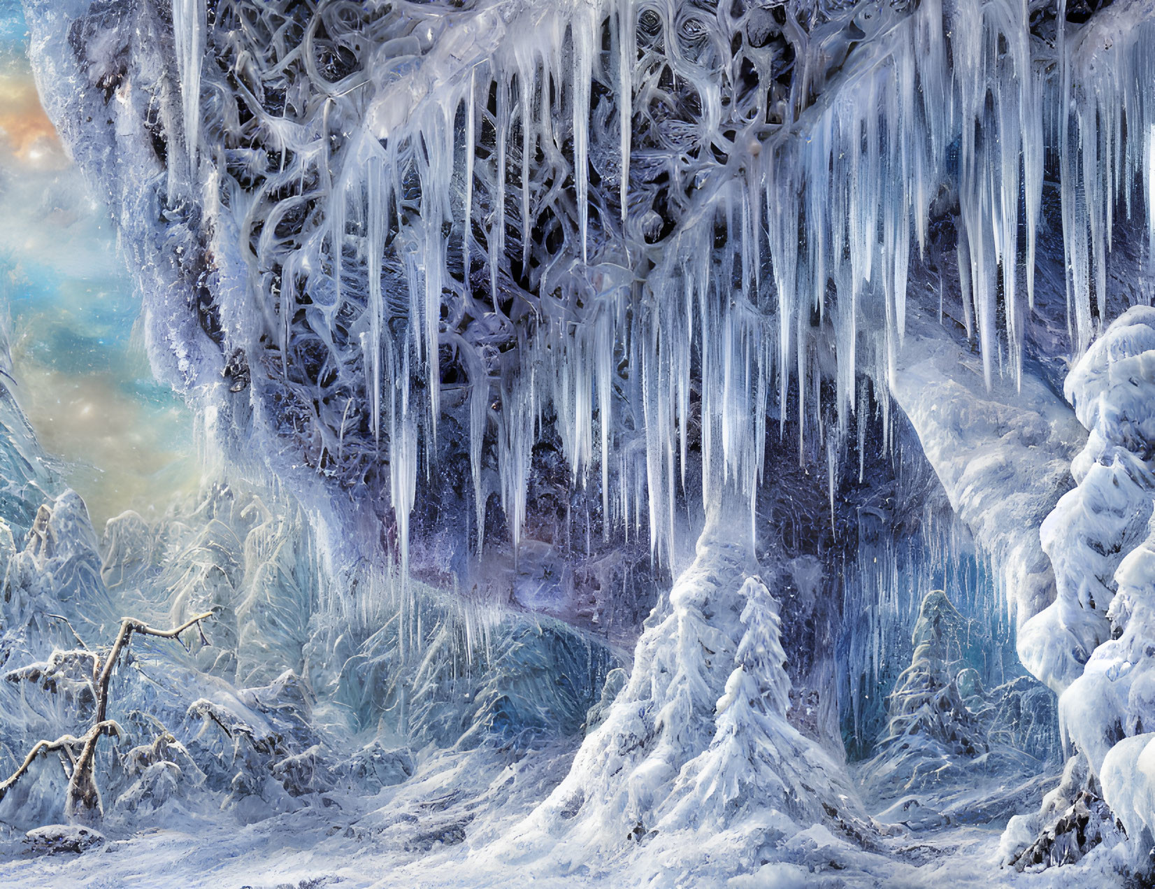 Winter Cave Entrance with Icy Stalactites and Snowy Trees