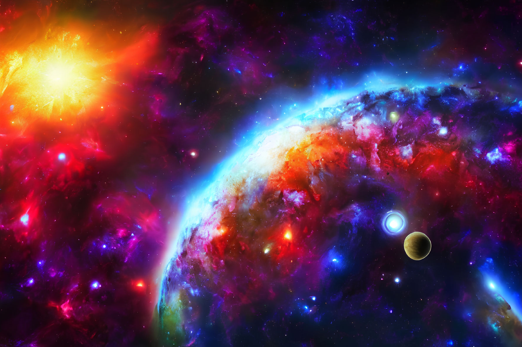 Colorful cosmic scene featuring star, nebulae, galaxy, and planets