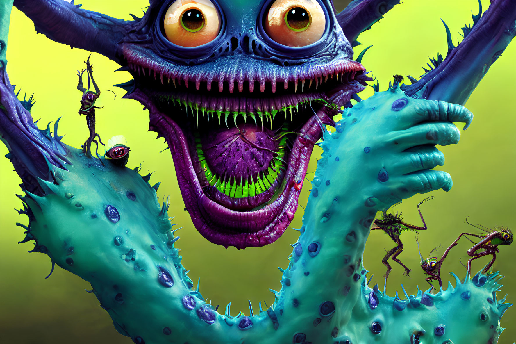 Colorful animated monster with multiple eyes, tentacles, and tiny creatures on green background