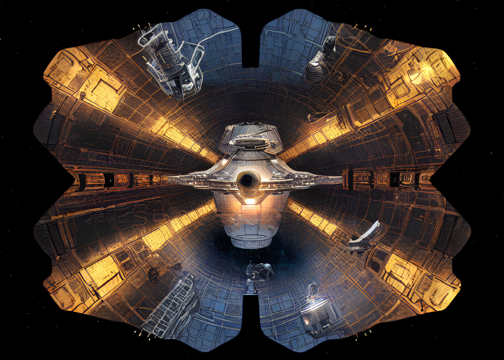Symmetrical sci-fi spaceship corridor with spherical structure in starry space