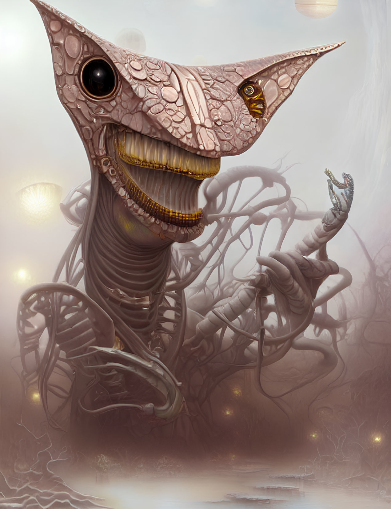 Fantastical creature with tentacles, large teeth, and oversized eye in misty setting