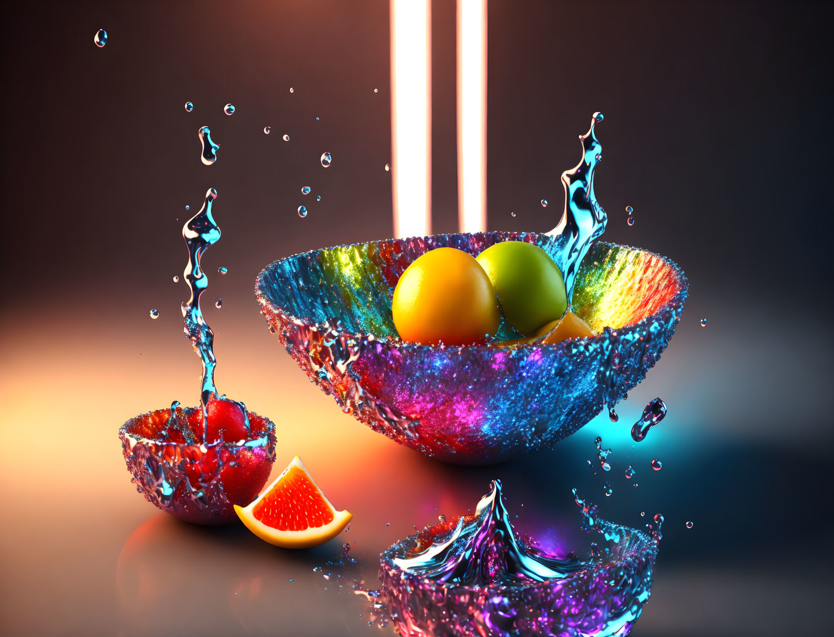 Vibrant fruit bowls with splashing water and oranges under light