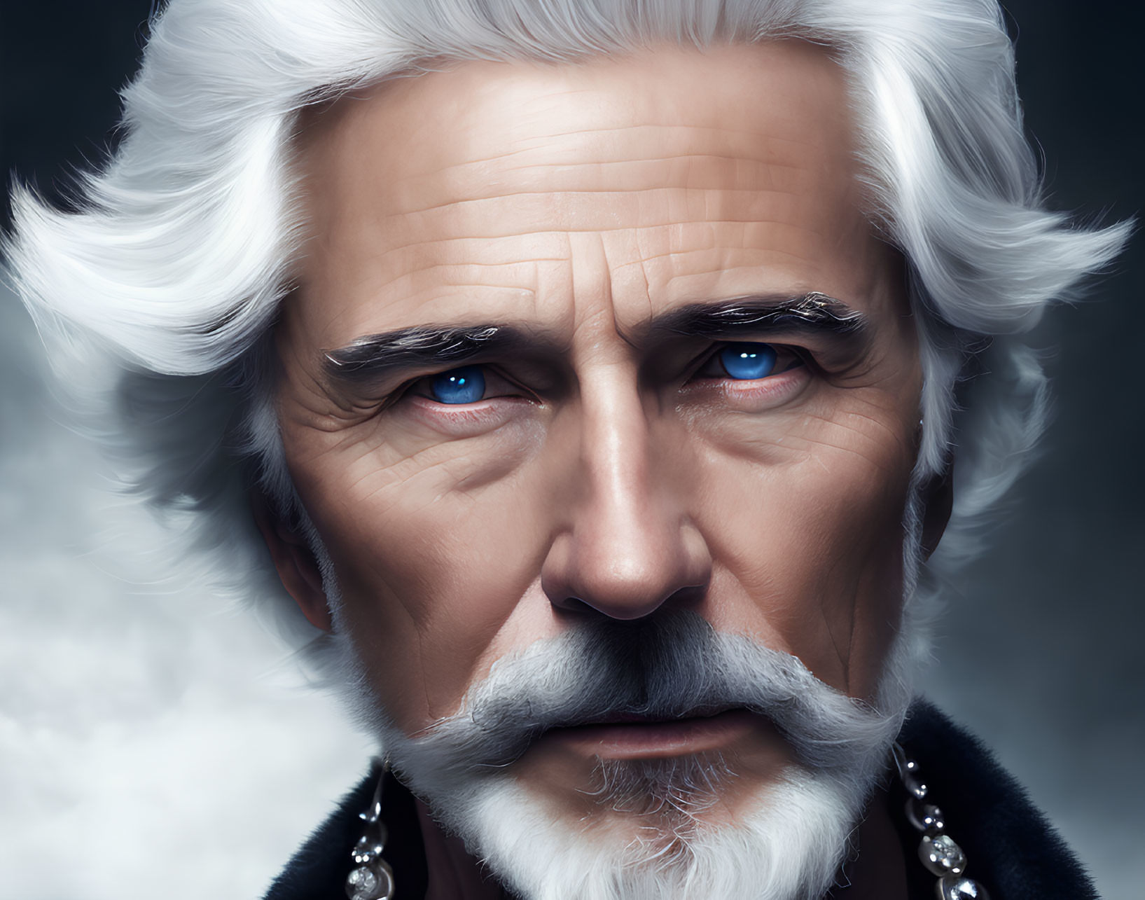 Detailed digital portrait of older man with blue eyes, white hair, mustache, and stern gaze in