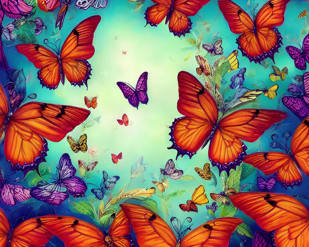 Colorful Butterfly Artwork in Orange, Purple, and Blue on Teal Background