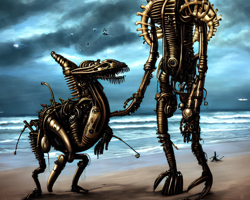 Robotic dinosaur and humanoid creatures shake hands on a futuristic shoreline