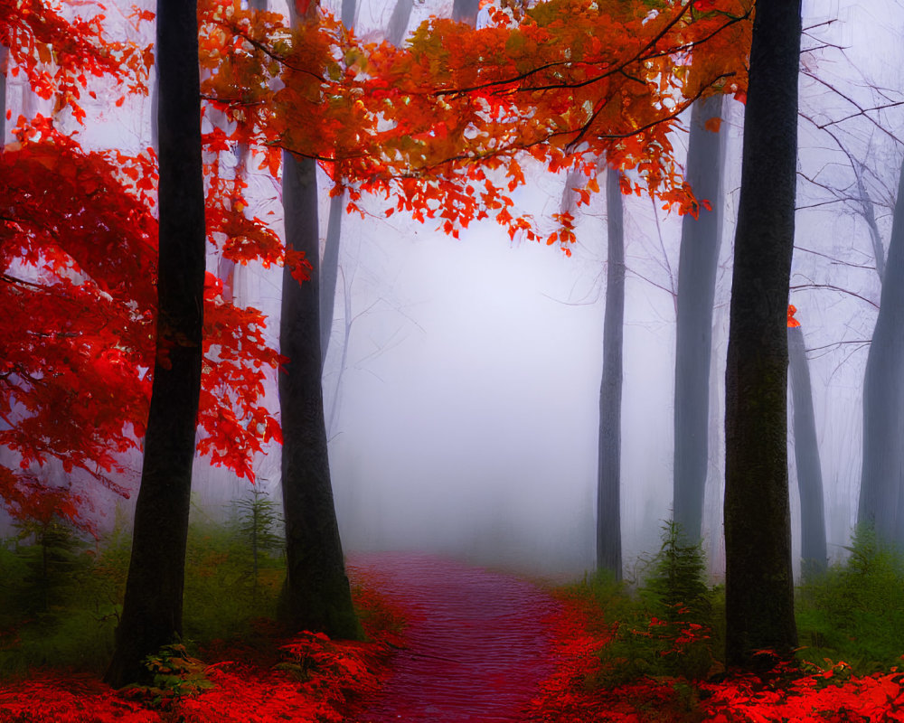 Misty forest path with red leaves and towering trees