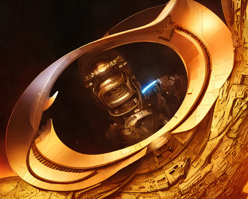 Futuristic astronaut orbits ring-shaped structure in space