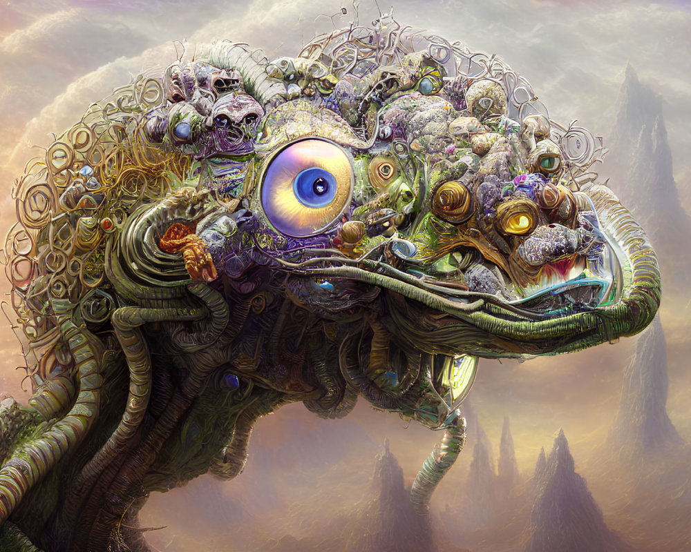 Fantastical creature with large eye and serpentine extensions in misty mountain setting