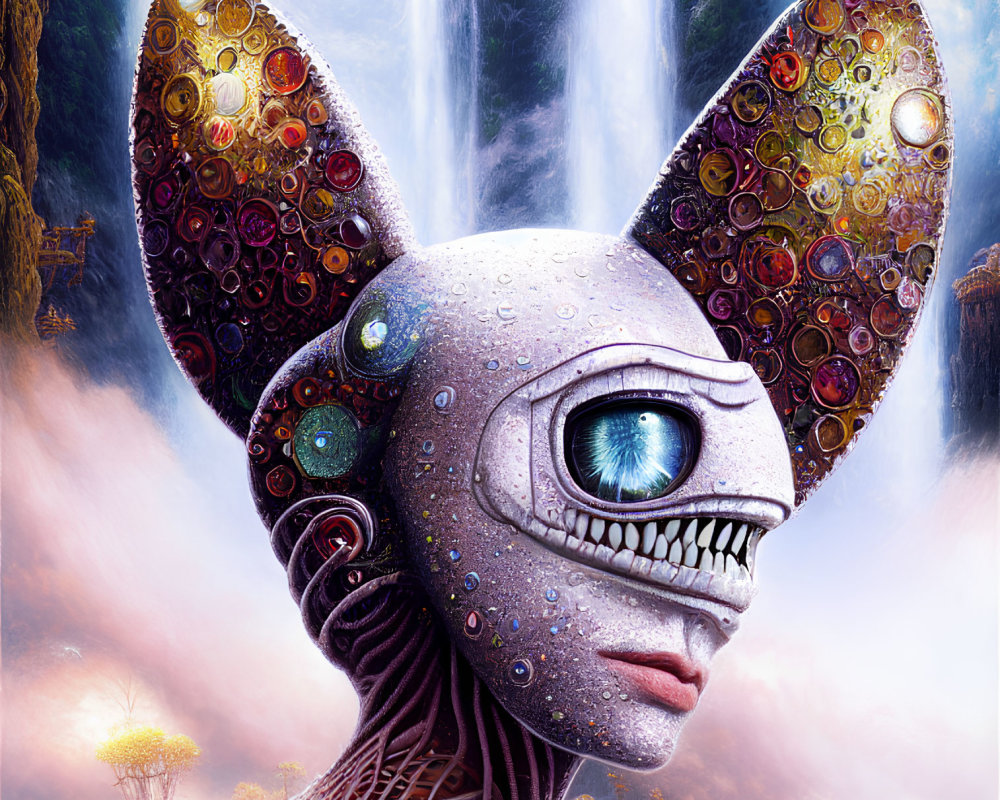 Colorful surreal portrait of a creature with mechanical ears and a detailed eye, in a fantastical setting