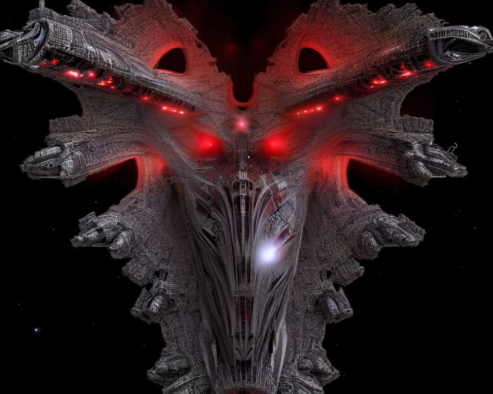 Symmetrical spaceship with intricate designs and red lights in starry space