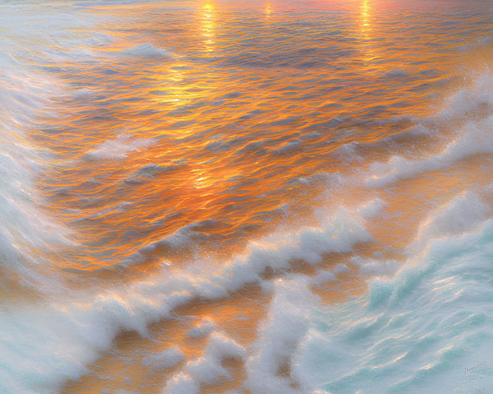 Sunset reflecting on ocean waves with warm orange to cool blue tones