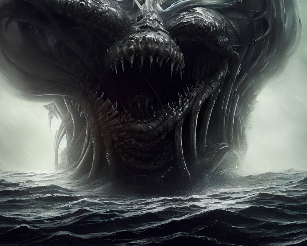 Menacing sea monster with multiple sharp-toothed maws in stormy ocean