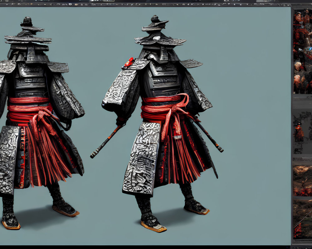 Detailed 3D model of ancient warrior in traditional Japanese samurai armor