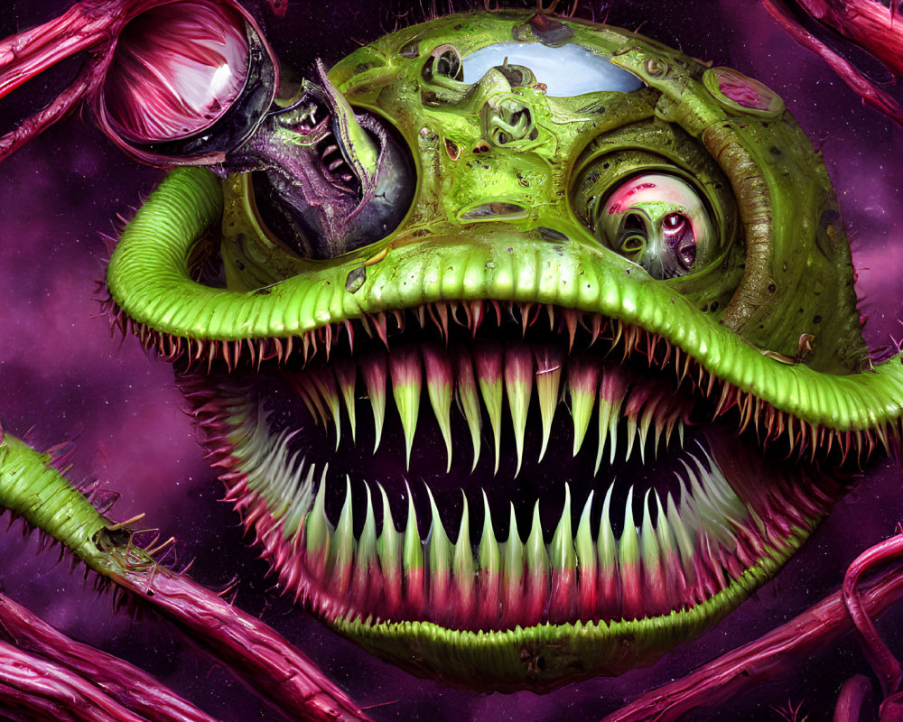 Monstrous creature with tentacles, teeth, and eyes on purple background