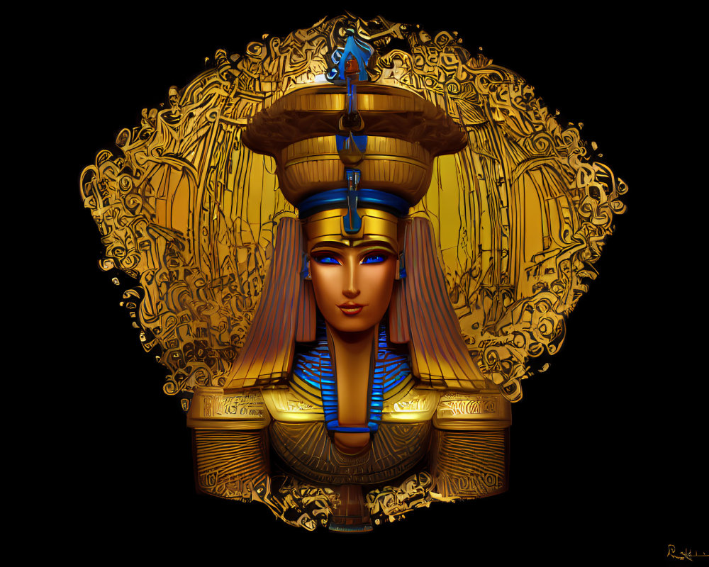 Egyptian Pharaoh with golden headdress and hieroglyphic background