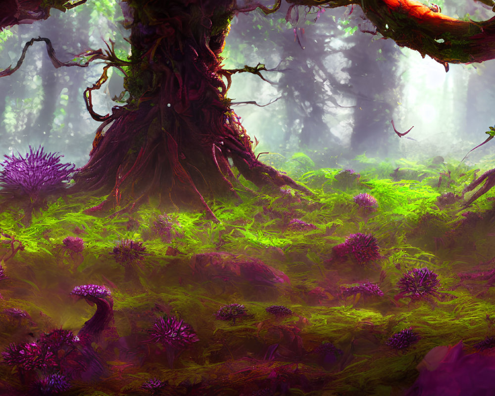 Enchanting forest scene with glowing purple flora and large tree