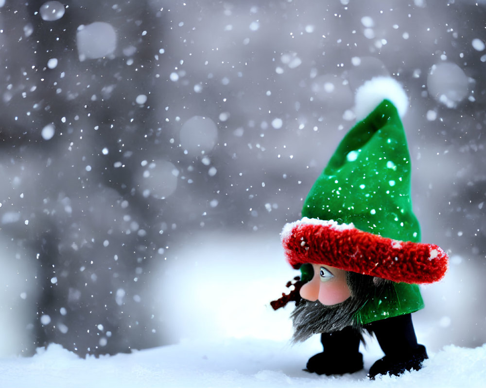 Green-Hat Toy Gnome in Snow with Red Beard & Snowflakes