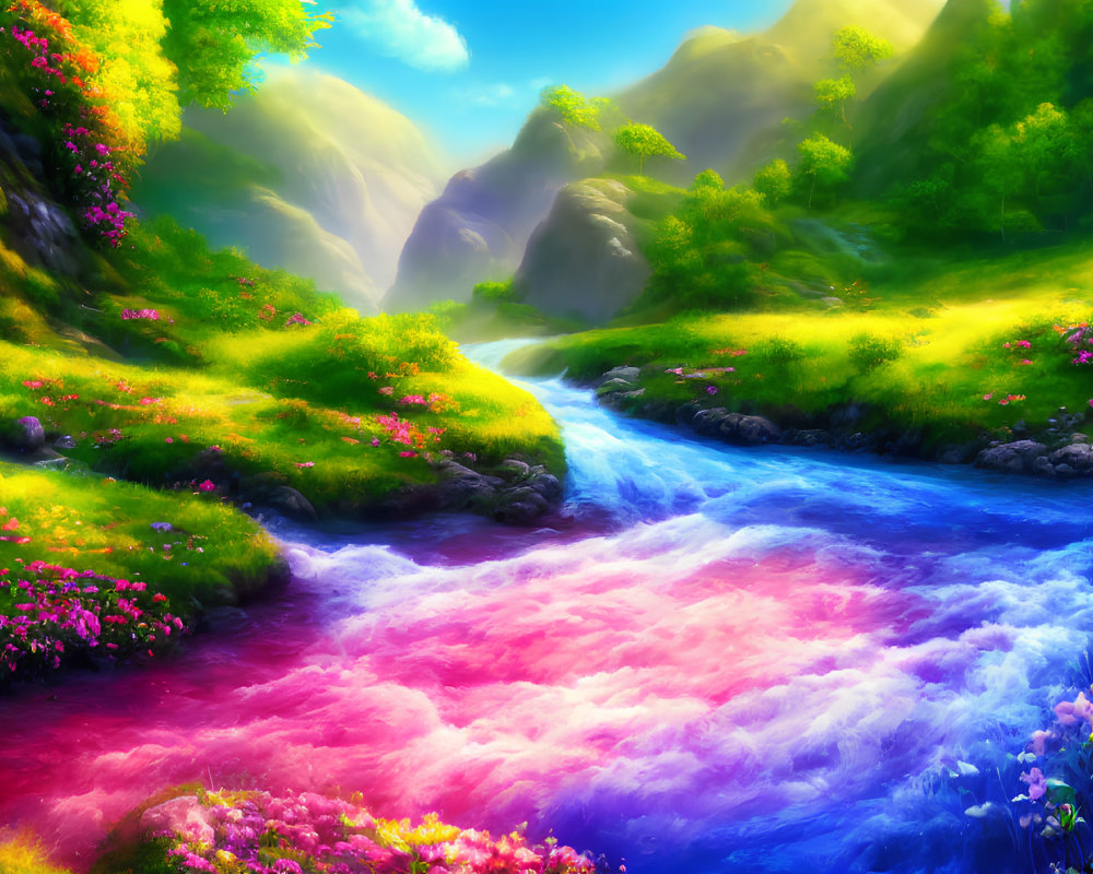 Colorful River Flowing Through Lush Valley with Hills