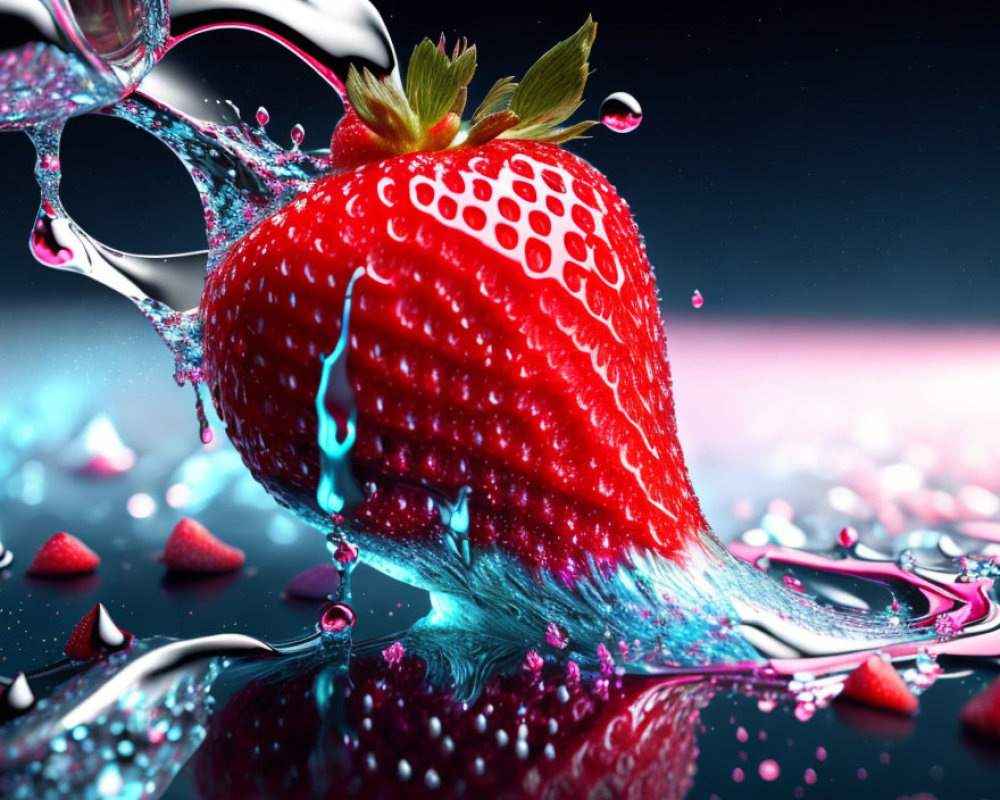 Vibrant strawberry with splashing water on dark background