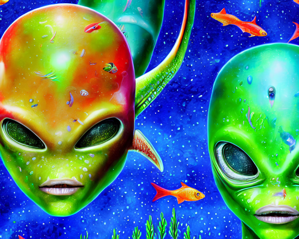 Colorful Alien Faces in Cosmic Setting with Fish-like Creatures