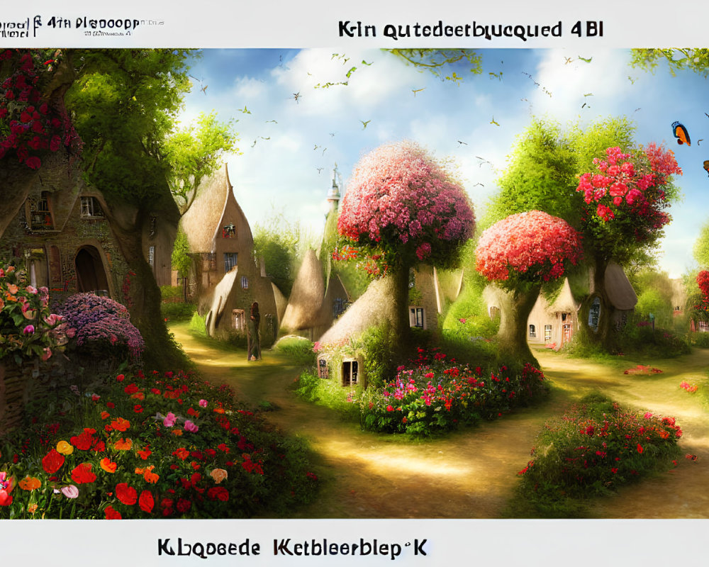 Scenic village with thatched-roof cottages, blooming trees, vibrant flowers, and flutter