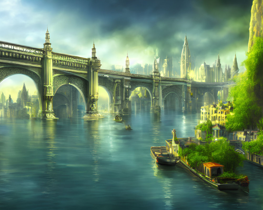 Elaborate stone bridge over river in serene fantasy landscape