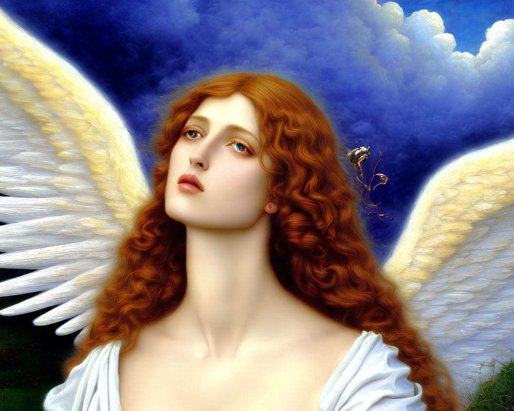 Ethereal figure with auburn hair and white wings in blue sky