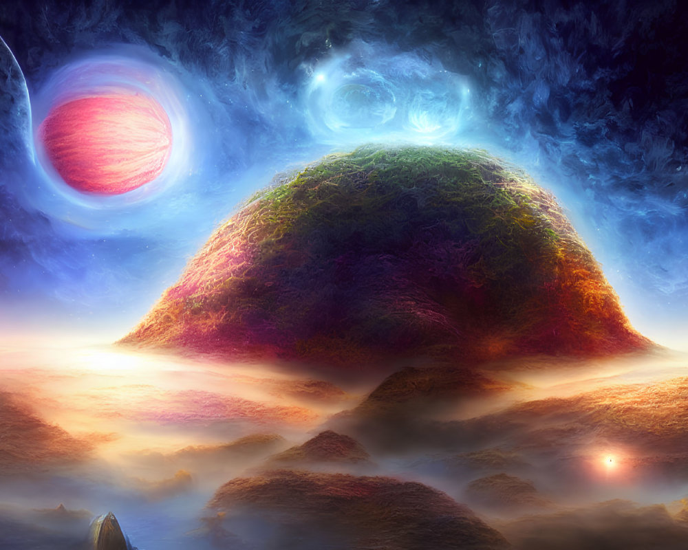 Vivid Sci-Fi Landscape with Green Planet and Red Star