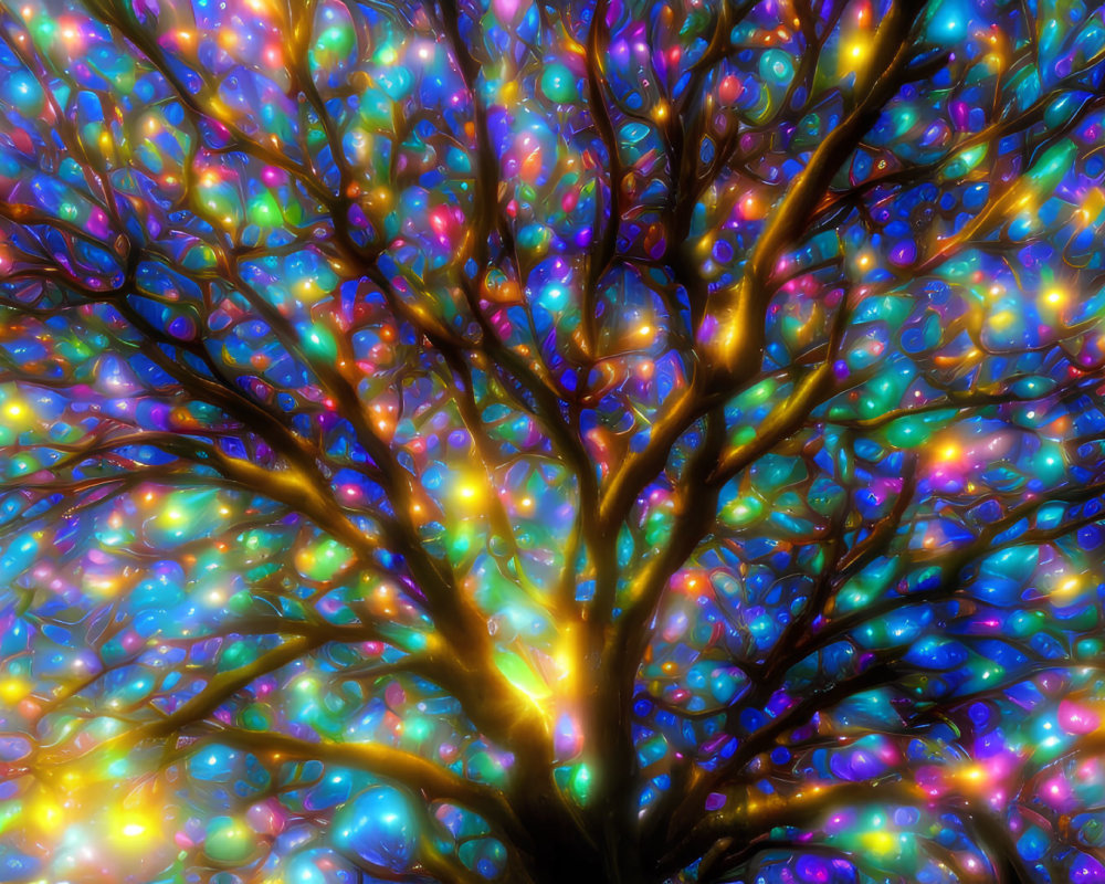 Colorful digital artwork: Glowing orbs illuminate tree branches