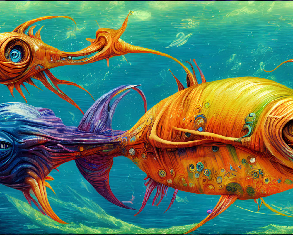 Colorful surreal fish in a vibrant digital underwater scene