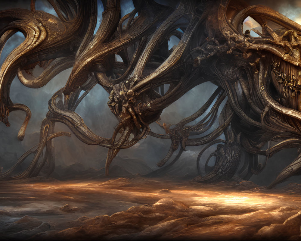 Surreal dark landscape with twisted root-like structures and eerie orange lighting