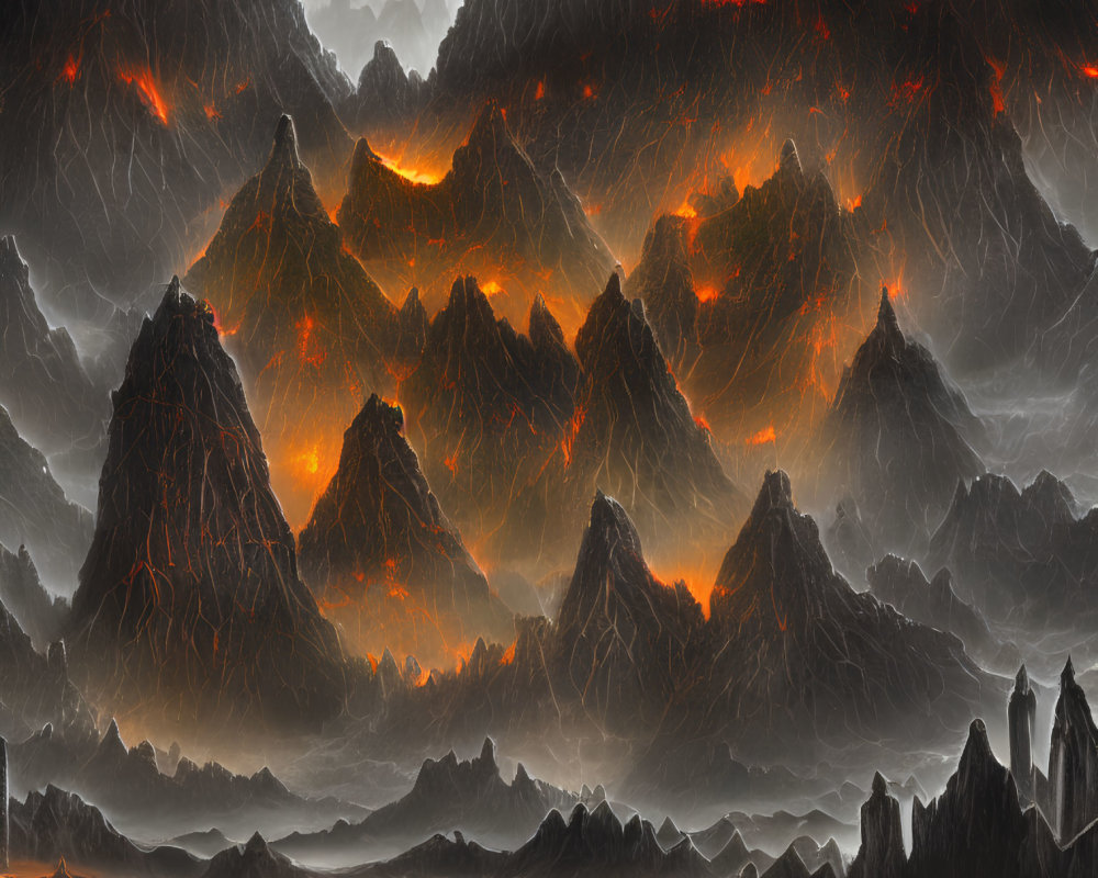 Dark, jagged mountains with glowing lava cracks under a foreboding sky