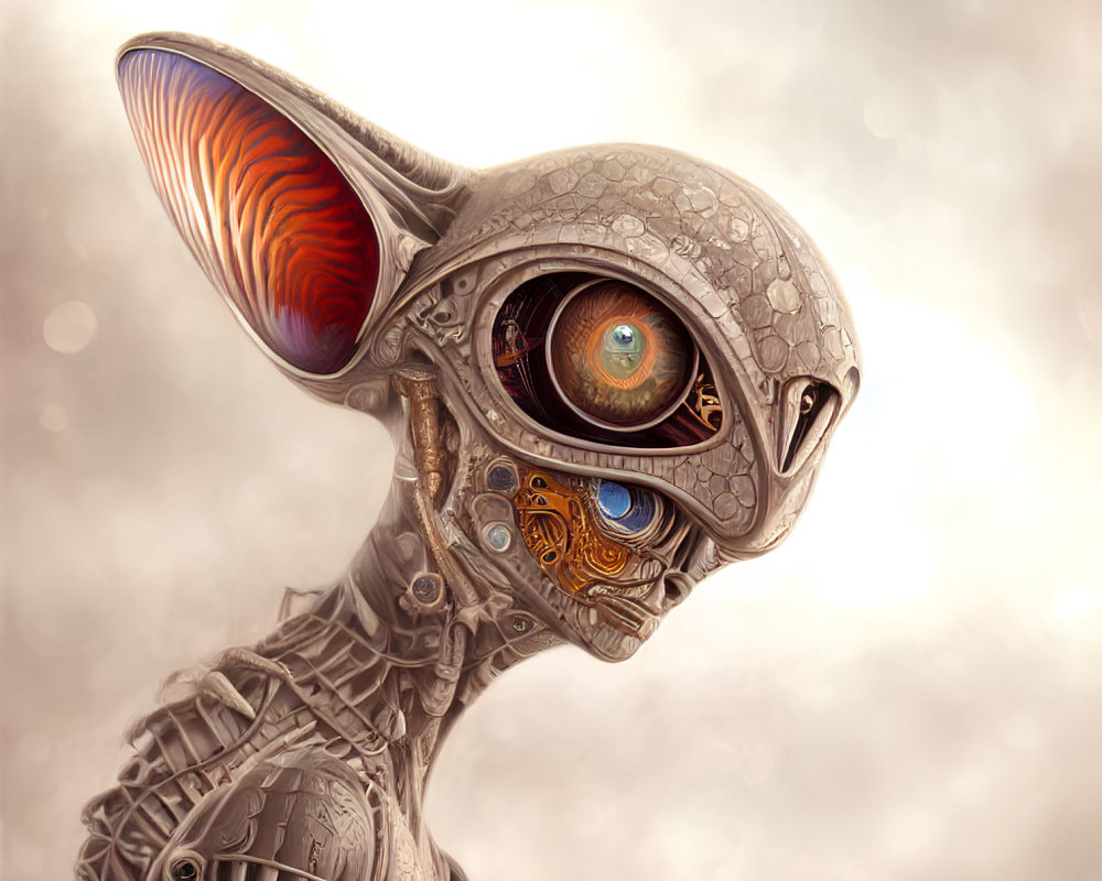 Colorful alien with mechanical body and large eye on soft bokeh background