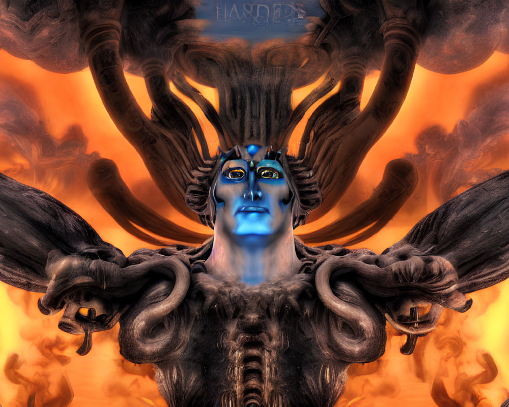 Blue-skinned alien-like figure with intricate headgear and tattoos in fiery background.