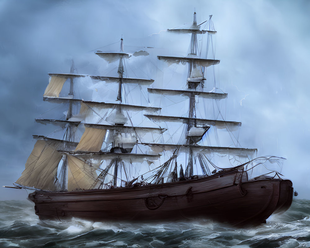 Tall ship with full sails navigating stormy sea