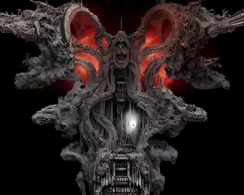 Intricate dark digital art: menacing figure with elaborate wings and textured patterns.