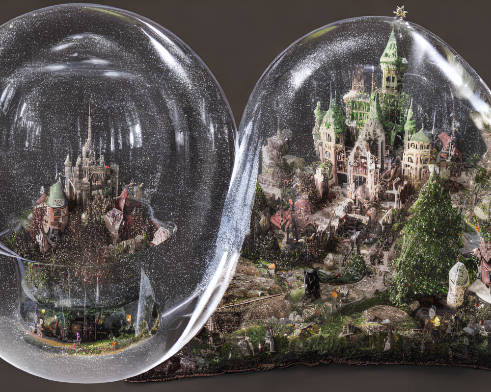 Detailed 3D Render of Interconnected Snow Globes with Fantasy Landscapes