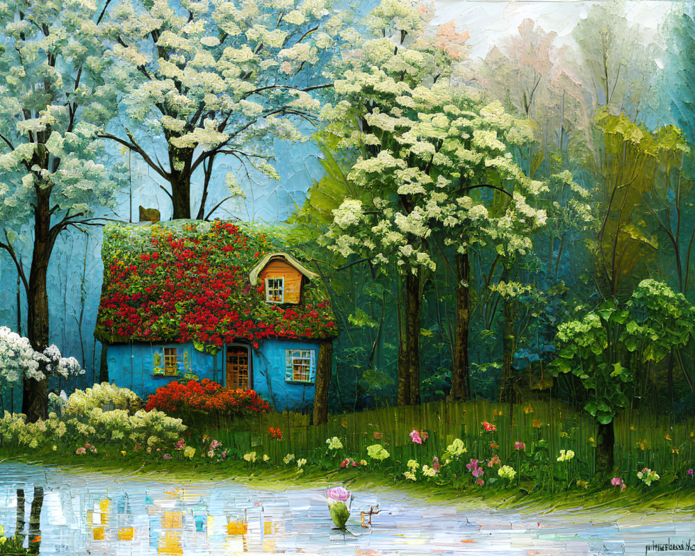 Tranquil painting of blue house with red roof in forest beside water