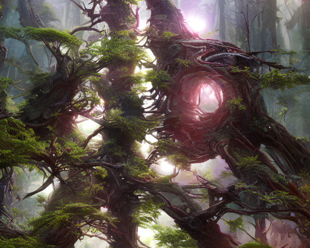 Mystical forest with ancient moss-covered trees and glowing orbs