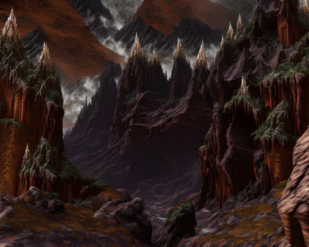 Dramatic landscape with towering mountains and copper-toned forests