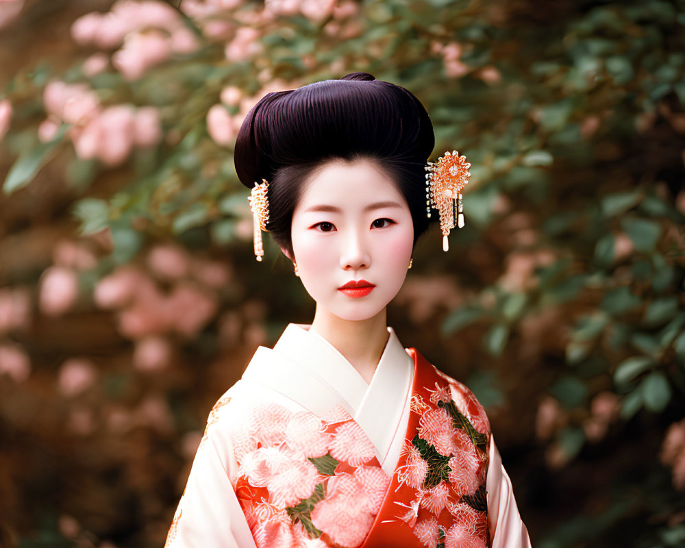 Traditional Japanese kimono with floral pattern and hair ornaments in green foliage