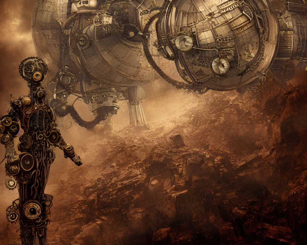 Steampunk robotic figure and airship on rugged terrain