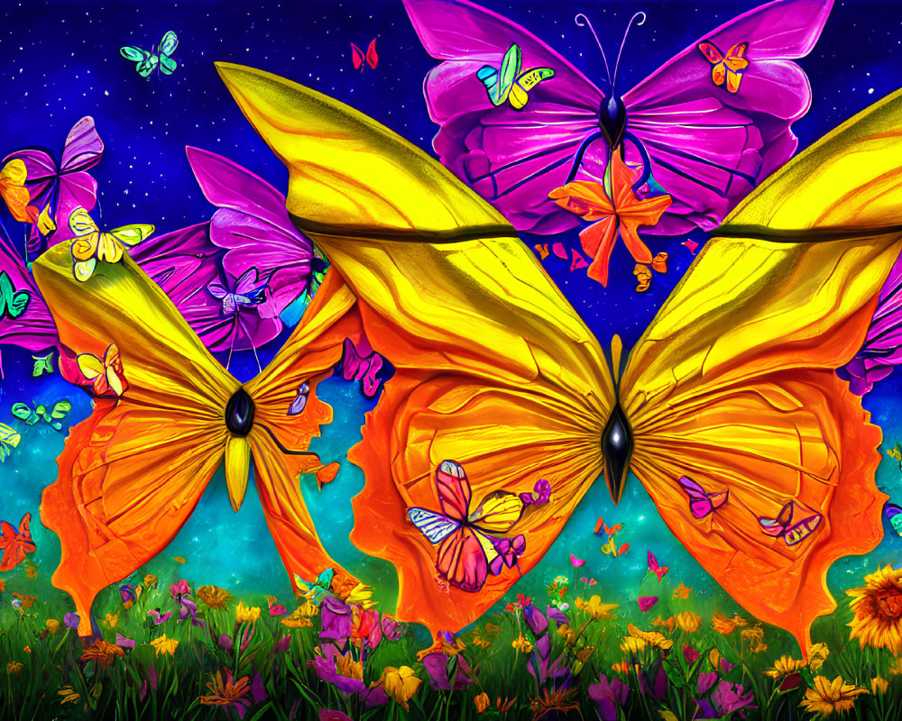 Colorful Butterfly Artwork with Flowers and Starry Sky
