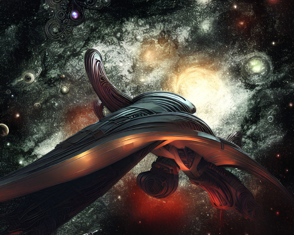 Digital artwork: Spaceship in star-filled galaxy with smaller spacecraft.