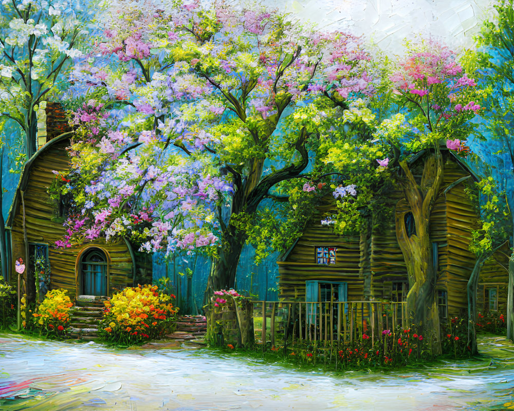 Colorful painting of whimsical woodland cottages in lush spring setting