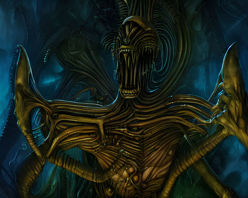 Biomechanical creature with skull-like face and sharp claws on dark blue backdrop